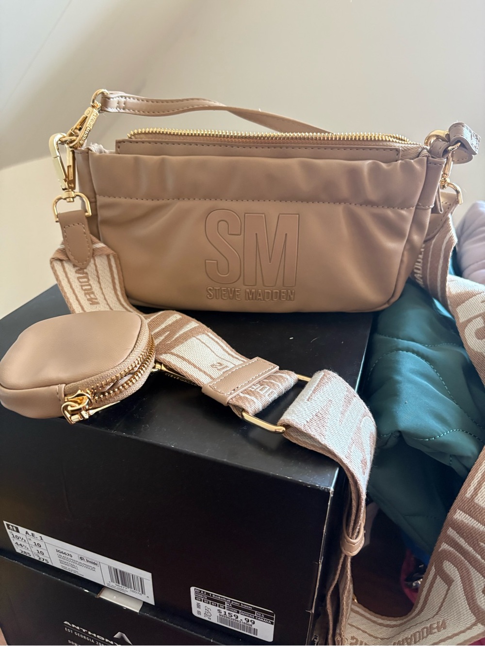 Steve Madden Quilted SM Logo Crossbody Bag in Nude Taupe with Gold Hardware